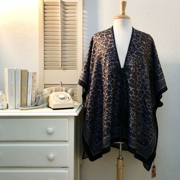 Leopard Print Gray & Black Wrap Shawl, Tassel Ties Closure, Oversized, Boxy, - Picture 2 of 8